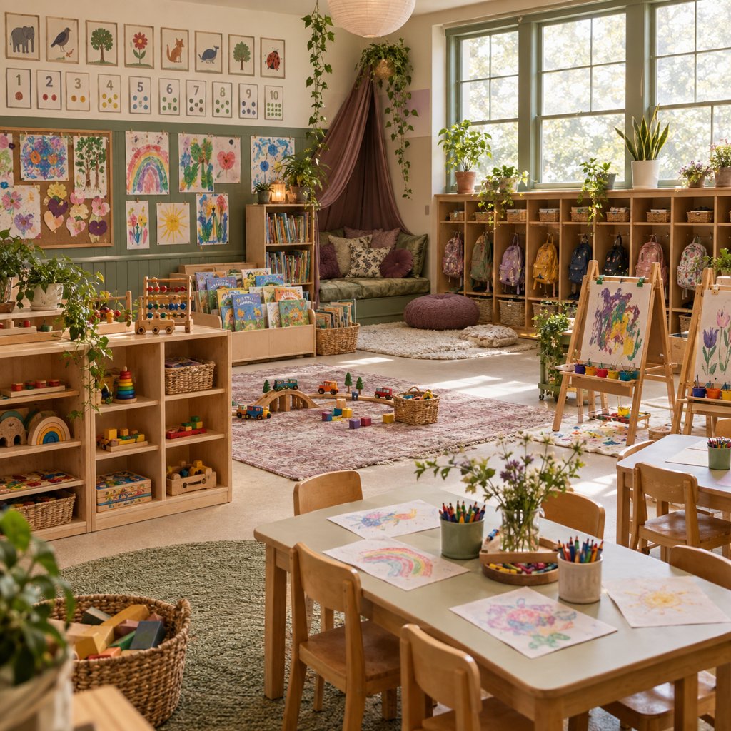 A warm, well-loved childcare classroom full of artwork, books, and toys
